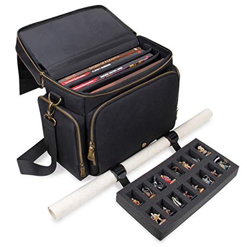 ENHANCE Tabletop DnD Bag - RPG Adventurer's Dungeons and Dragons Accessories Bag with Miniatures Storage, Mat Holder, DnD Dice & Token Pockets, Fits 4-8 DnD Books, DM Guide, Player's Handbook (Black) - color: Black And Bronze