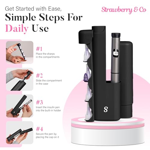 STRAWBERRY & CO Insulin Cooler Travel Case - Built-in Sharps Dispenser & Temperature-Control Organizer- TSA Approved Diabetic Pen Storage for Ozempic, Insulin Pens & Needles - Compact & Leak-Proof - color: Black