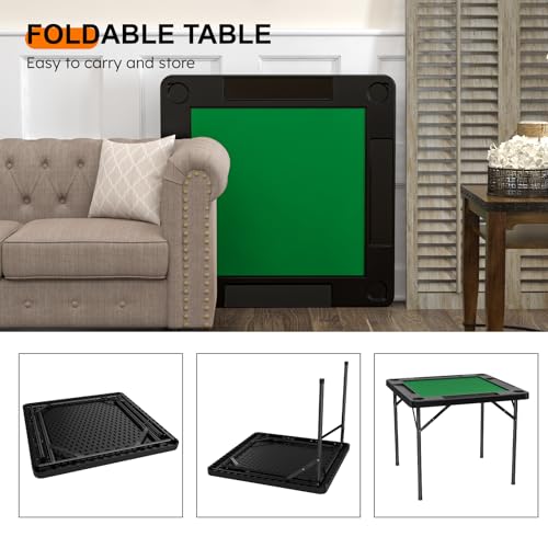 Mahjong Table, 35.4" Square Folding Card Table with Green Felt, Chip Trays, 4 Cup Holders, Multi-Game, Domino and Poker Tables for 4 Players, Foldable Tables for Jigsaw Puzzles, Black - color: Black