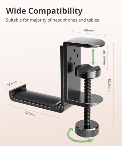 Kimiangel 2 Pack Headphone Stand Under Desk, Foldable Aluminum Headset Holder with Adjustable Screw Clamp, Headphone Hook Mount for Gaming Accessories, Space-Saving Under Table Headset Hanger
