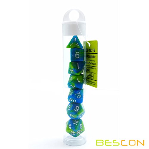 Bescon Mini Gemini Two Tone Polyhedral RPG Dice Set 10MM, Small Mini RPG Role Playing Game Dice Set D4-D20 in Tube, Aquamarine - color: Aquamarine