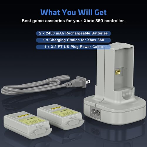 KEKUCULL Rechargeable Battery for Xbox 360 Controller, Charger Dual Charging Station Dock with 2 Pack Rechargeable Battery Compatible with Xbox 360 - color: Light Gray