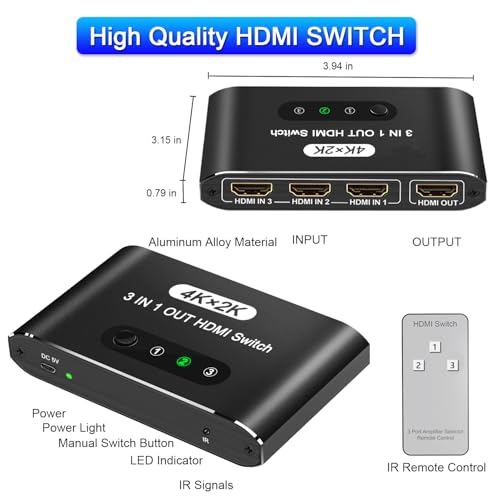 HDMI Switch 3 in 1 Out, 4K@60Hz HDMI Selector with Remote Control, 3 Ports HDMI Switcher, Perfect for Full HD 4K 1080P 3D Video Roku Fire TV Blu-ray Players Stick Apple PS4/PS5 Xbox Chromecast (black) - color: Black