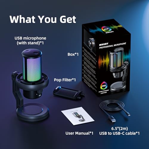 MRSDY USB Gaming Microphone for PC with Noise Reduction, Mute, Gain, RGB | Condenser Mic, Headphone Jack, Suitable for PC, Computer, PS4, PS5, Mac, Streaming, Podcasting, Recording, YouTube, Discord
