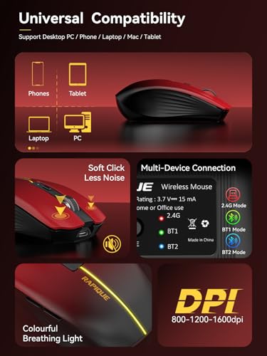 RAPIQUE Bluetooth Wireless Mouse, BT1/BT2+2.4G Tri-Mode, Red Gradient | 3-Device Switching, USB-C Rechargeable, Quiet Clicks, 800/1200/1600 DPI, 6 Buttons, Ergonomic Grip, For Laptop, MacBook, PC - color: Red Gradient