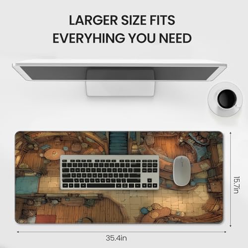 Extended Keyboard and Mouse pad, Fantasy Tavern Pattern, 35.4 x 15.7 Inch, Gaming Desk mat with Non-Slip Base and Waterproof Finish, Suitable for Home Office and workstations. - color: With Fantasy Village Design