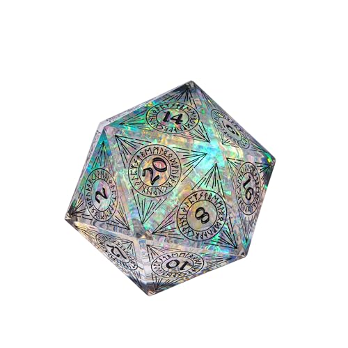 Cusdie Single D20 DND Dice with Sharp Edges and Glitter Foil Inclusions, 33mm Handcrafted 20 Sided D&D Dice, for Role Playing Game(Transparent w/Black Pattern) - color: Transparent W/Black Pattern