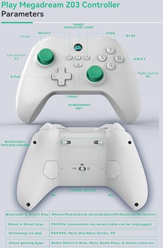 Megadream Mobile Game Controller for iPhone iPad, Wireless Android Gamepad - PS Remote Play, Xbox Cloud, Steam Link, GeForce Now, MFi Arcade Games, Micro & Hall Trigger, with Phone Clip, White - color: White