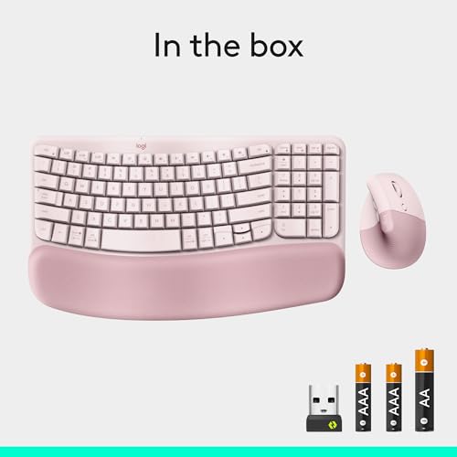 Logitech Wave Keys & Lift Vertical Mouse - Ergonomic Wireless Keyboard and Mouse Combo - with Cushioned Palm Rest, Easy-Switch, Bluetooth, for Multi-OS, Windows/Mac - Rose - color: Rose, style: Right-Handed