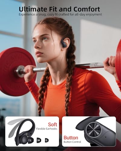 PocBuds Bluetooth Headphones Wireless Earbuds 80hrs Playtime Wireless Charging Case Digital Display Sports Ear Buds with Earhook Deep Bass IPX7 Waterproof Over-Ear Earphones for TV Phone Laptop Black - color: Black, style: Standard