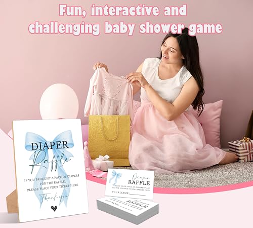 Blue Bow Baby Shower Diaper Raffle, Pack of 1 Wooden Tabletop Sign with Stand and 50 Diaper Raffle Tickets, Blue Coquette Bow Baby Shower Game, Gender Reveal Party Decorations - FS02 - color: Diaper Raffle
