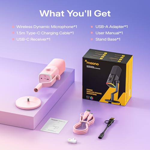 MAONO PD100W Wireless USB Dynamic Microphone, Gaming PC Mic with One-Click Noise Reduction,Mute Button,Custom RGB,3.5mm Headphone Jack,Software, Podcast Streaming Mic (Desktop(USB-C Receiver), Pink) - color: Pink