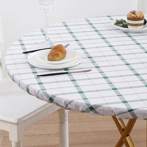 Walrus Round Vinyl Fitted Tablecloth with Flannel Backing Elastic Edge Design Table Cover Waterproof Oil-Proof PVC Table Cloth Stain-Resistant Best for 37"-44" Round - color: Green Plaid, size: 44" (Round)