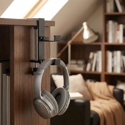 Dual Foldable Headphone Hanger Under Desk, Aluminum Alloy Headset Holder with Hooks, Anti-Accidental Bump Design, No-Drill Clamp Mount, Space-Saving for Headsets, Office & Computer Desk Organizer