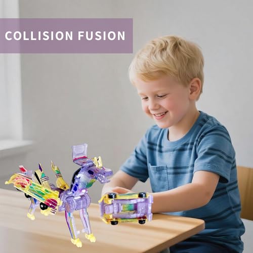 Crystal Transforming Dinosaur Car Toy 2-in-1 Transparent Magnetic Cars Convert to Dinosaur Robot, See-Through Crash-Activated Deformation Toy No Battery, for Kids 3-12 (Crystal) - color: Crystal