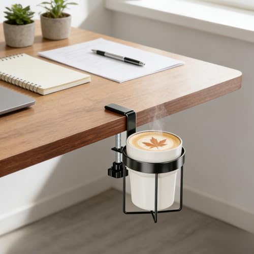 MYITYARD Desk Cup Holder Clamp, Anti-Spill Clip On Table Cup Holder, Rotatable Water Bottle Stand Drink Coffee Mug Storage, Office Accessories for Home and School (Black) - color: Simple Line Desk Cup Holder