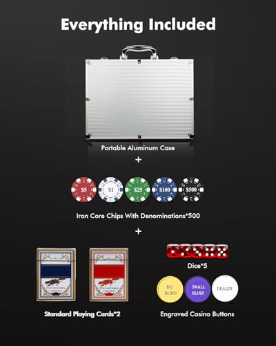 HEITOK Poker Chips, 500PCS Poker Chip Set with Aluminum Travel Case, Waterproof of 11.5 g Poker Set for Texas Holdem Blackjack Gambling | 500 blank 11.5g iron-core poker chips with aluminum case, cards, dice and buttons for 2-10 player game nights - size: