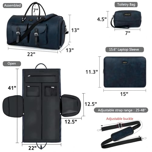 Garment Bag for Travel Convertible Carry on Travel Duffel Bag for Men Women | 3PCS Large Weekender Bag with Waterproof Shoes Pouch 2 in 1 Hanging Clothes Suit Dress Bag Travel Garment Duffel Bag 56L - color: A4-Blue-Faux Leather