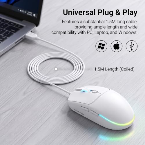 Wired Gaming Mouse RGB, 50g Lightweight Silent USB Mouse -White | 4 DPI Levels Up To 2400, Silent Clicks, Ergonomic Design, RGB Lighting, USB Plug & Play for PC Laptop Desktop Computer Mac