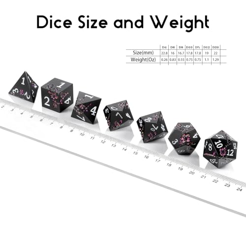 Glitter Purple Metal D&D Dice, DNDND 7 PCS Flower Metallic DND Dice Set with Gorgeous Gift Case for Dungeons and Dragon Tabletop Game (Matte Black with Glitter Purple Flower) - color: Flower Glitter Purple