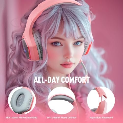 EKSA E1000 V2 Gaming Headset, PC Headset with USB C Plug, Wired Headphones with Noise Canceling Microphone, 7.1 Surround Sound, RGB Light, include USB Adapter for Computer,Mac, PS4/PS5 Console, Laptop - color: Pink