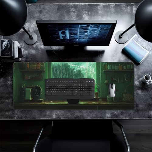 Green Black Cat Mouse Pad Abstract Big Mouse Pad 31.5x11.8 Inch Cat Texture Non-Slip Rubber Base Large Mousepad Stitched Edges Keyboard Mouse Mat Desk Pad for Office and Home - color: Green Black Cat