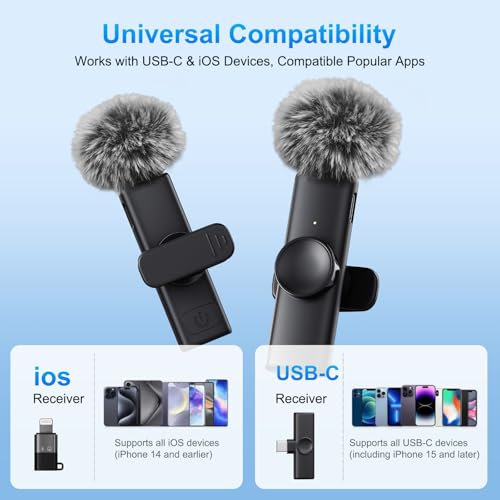 2 Pack Wireless Lavalier Microphone for iPhone iPad Android, Plug & Play Lapel Mic with Noise Reduction, Professional Mini Mic for Video Recording, YouTube TikTok Vlog Podcast Interview Livestream