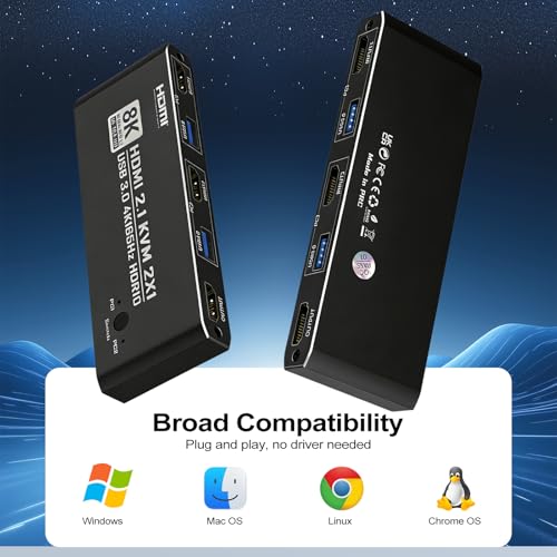KVM Switch HDMI 2 in 1 Out for 1 Monitor 2 Computers 8K@60Hz 4K@165Hz | HDMI2.1 USB 3.0 Hub with IR Remote Control, Aluminum Alloy, HDR10, HDCP 2.2, EDID2.2 Adaptive