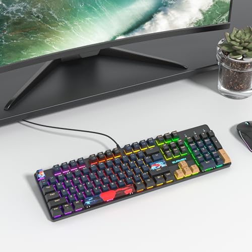 Full Size Mechanical Keyboard, Creamy Keyboard with Number Pad, 104 Keys Wired Gaming Keyboard with Red Switch, RGB Backlit for PC Laptop - color: Blue Samurai