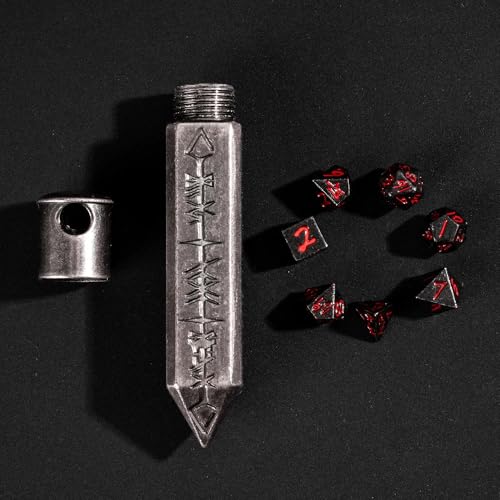Mini Dice Set with Rune Keychain Case,7PCS Polyhedral Metal Dice Set for DND Role Playing Games(Silver/Black Red) - color: Silver/Black Red