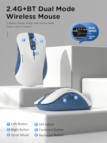 RAPIQUE Bluetooth Wireless Mouse - Dual Bluetooth & 2.4 GHz USB Receiver, Ergonomic Design, Quiet Clicks, Low Power - Multi-Device Compatibility for MacBook, Laptop, Computer (Blue and White) - color: White and Blue
