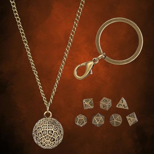 Mini DND Dice Set with Spherical 100-Sides Metal Cage Portable Keychain Necklace, Tiny 7pcs Polyhedral D&D Dice Set, DND Gifts with Gift Box, D&D Accessories for RPG, Bronze