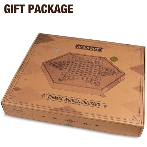 AMEROUS Large 20.5 inches Wooden Chinese Checkers Set with Storage Drawer - 60 Acrylic Marbles in 6 Colors - 12 Bonus Spare Marbles, Classic Strategy Family Board Game for Adults