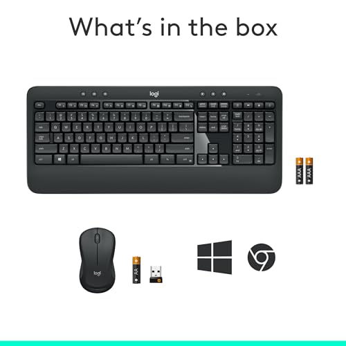 Logitech MK540 Full Size Advanced Wireless Keyboard and Mouse Combo | Full size quiet keyboard with number pad & integrated palm rest, full size ambidextrous mouse, includes USB-A Nano Receiver