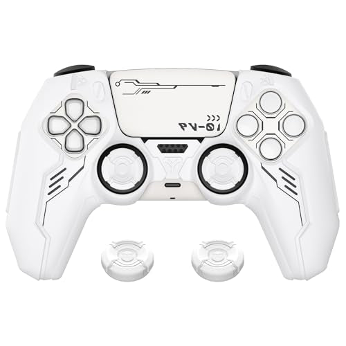PlayVital Mecha Edition Silicone Cover Compatible with ps5 Controller with 2 Joystick Caps and 6 Stickers, Shockproof Non-Slip Grip Protector Accessories, Fits for ps5 Charging Station - White - color: White