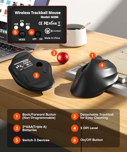 Ergonomic Wireless Trackball Mouse, Bluetooth & 2.4G Multi-Device Computer Mouse, 5 Adjustable DPI Thumb-Controlled Quiet Mice for Mac, Laptop, PC, Windows - Red - color: Red