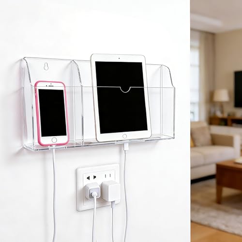 Acrylic Wall Mounted Phone Holder, Tablet Wall Mount with Charging Holes, 2 Slots Wall Remote Control Holder for iPad Kindle Laptop, Clear