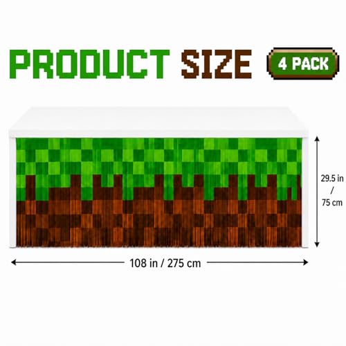 Pixel Video Game Party Table Skirts, 4 Pack Green Brown Foil Fringe Table Skirt Decorations for Boys Birthday, Block Theme Gaming Party Table Decor Photo Booth Props - size: 4pcs 29.5 x 108 Inch