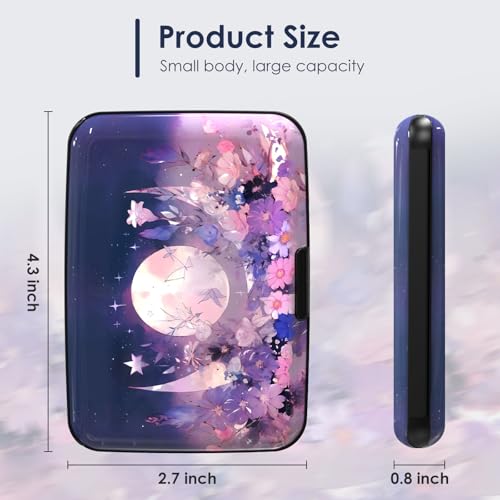 Mini Credit Card Holder for Women Men, RFID Blocking Slim Metal Card Case ID Case Business Travel Hard Wallet, Purple Flowers Moon - color: Purple Flowers Moon