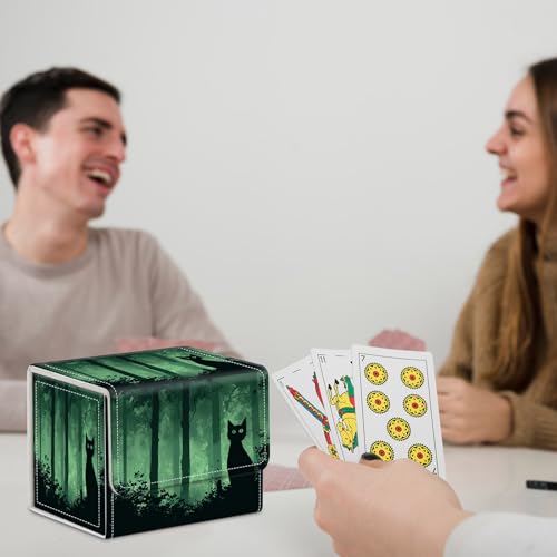 for MTG Commander Deck Box,Card Deck Box for Trading Yugioh MTG,Fits 100 Double Sleeved Cards,PU Leather Strong Magnet Case for Magic Commander TCG CCG,Black Green Cat - color: Black Green Cat