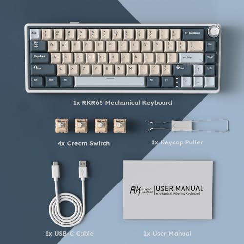 RK ROYAL KLUDGE R65 Wireless Mechanical Keyboard with Volume Knob, Tri-Mode 2.4G/USB-C/BT Gasket Mounted 60% Gaming Keyboard with 66Keys, PBT Keycaps, QMK/VIA, Hot Swappable Cream Switch, Blue - color: Blue