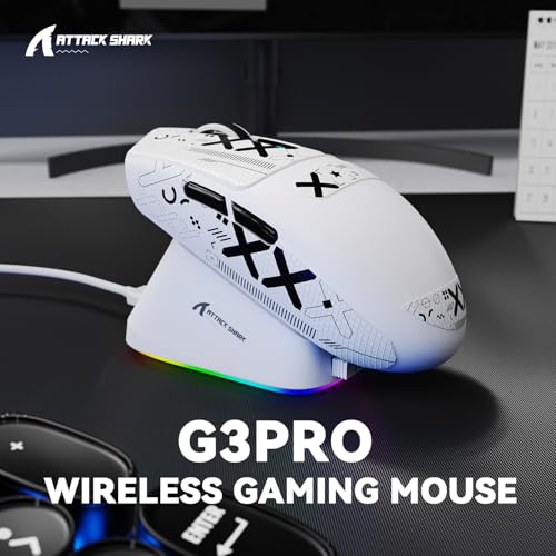 MAMBASNAKE ATTACK SHARK G3PRO Wireless Gaming Mouse with RGB Magnetic Charging Dock,Tri-Mode-2.4G/USB-C Wired/BT, 25K DPI,PAW3311 Optical Sensor,59g Ultra Lightweight,Slip Grip Tape for PC/Mac(White) - color: White & Griptape