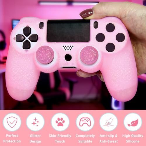 Pink Glitter Anti-Slip Protective Silicone Cover Skin Grips Compatible with PS4/Slim/Pro Controller,8 PCS Glitter Thumb Grips Caps and 2 Grips Caps. (Glitter Pink) - color: Glitter Pink