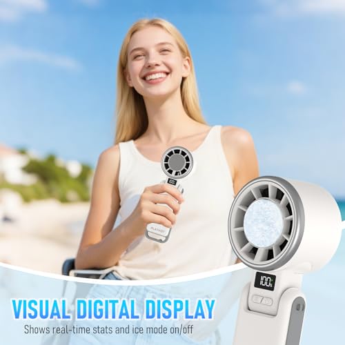 PlayHot Upgraded Portable Handheld Fan with 60°F Ice Cooling, Up tp 12Hrs Personal Fans Portable Rechargeable, 5 Speed 25550RPM Powerful Portables Fan Handheld, Hand/Neck/Desk Fan 3 IN 1(White) - color: white