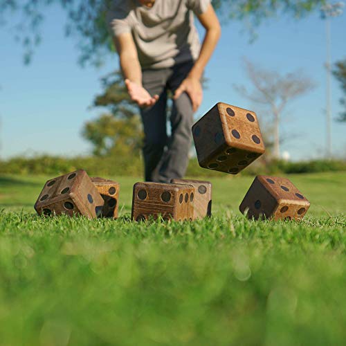 GoSports Giant Wooden Playing Dice Set with Rollzee and Farkle Scoreboard - Includes 6 Dice, Dry-Erase Scoreboard and Canvas Tote Bag - Choose 2.5 Inch or 3.5 Inch Dice) - style: 3.5 Inch Stained Wood Dice