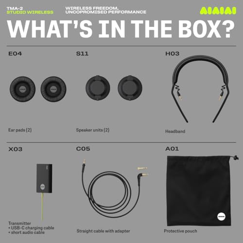 AIAIAI TMA-2 Studio Wireless Black Over-Ear Headphones, W+ Link + Bluetooth | Studio headphones for mixing and producing, W+ Link and Bluetooth, 20+ Hours of Playback, detailed sound, app EQ, memory foam