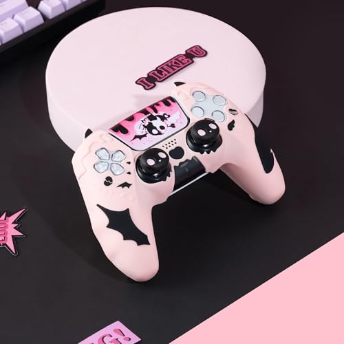 GeekShare Controller Skin Set Compatible with PS5, Anti-Slip Silicone Protective Cover with 2 Thumb Grip Caps and 1 Sticker - Sweetheart Skull Design (Pink) - color: Sweetheart Skull