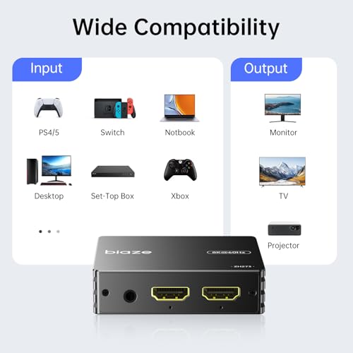 8K HDMI Splitter 1 in 2 Out - 60Hz, Supports 4K@120Hz HDR, Dolby/DTS, EDID, HDCP 2.3 for PS5, Xbox, NVIDIA - 3.5mm Audio Extraction, USB-C Power Input(1 Pack)