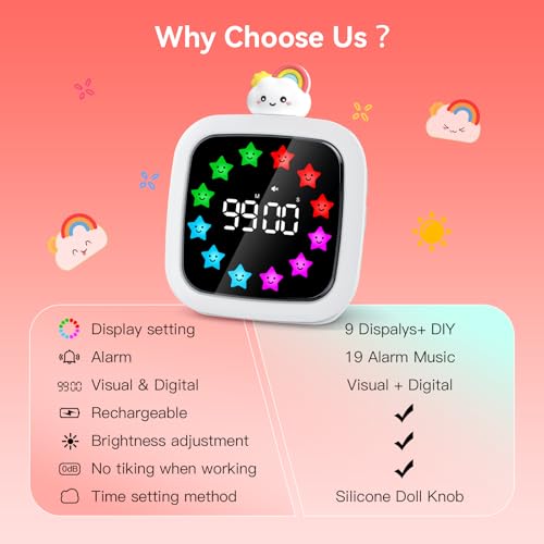 Yunbaoit Digital Visual Timer for Kids, Rechargeable 99-Minute Silent Countdown Timer with 19 Ringtones, 9 Optional DIY Color Star Display, Time Management Tool with Pause Function (Rainbow) - style: Rainbow Doll