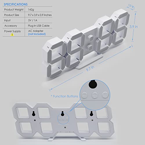 KOSUMOSU 3D LED Digital Wall Clock ,9.7", Large Display Table/ Desk Clock with Remote Control 12/24H Temperature (White Light) - color: 9.7in Clock-white Light
